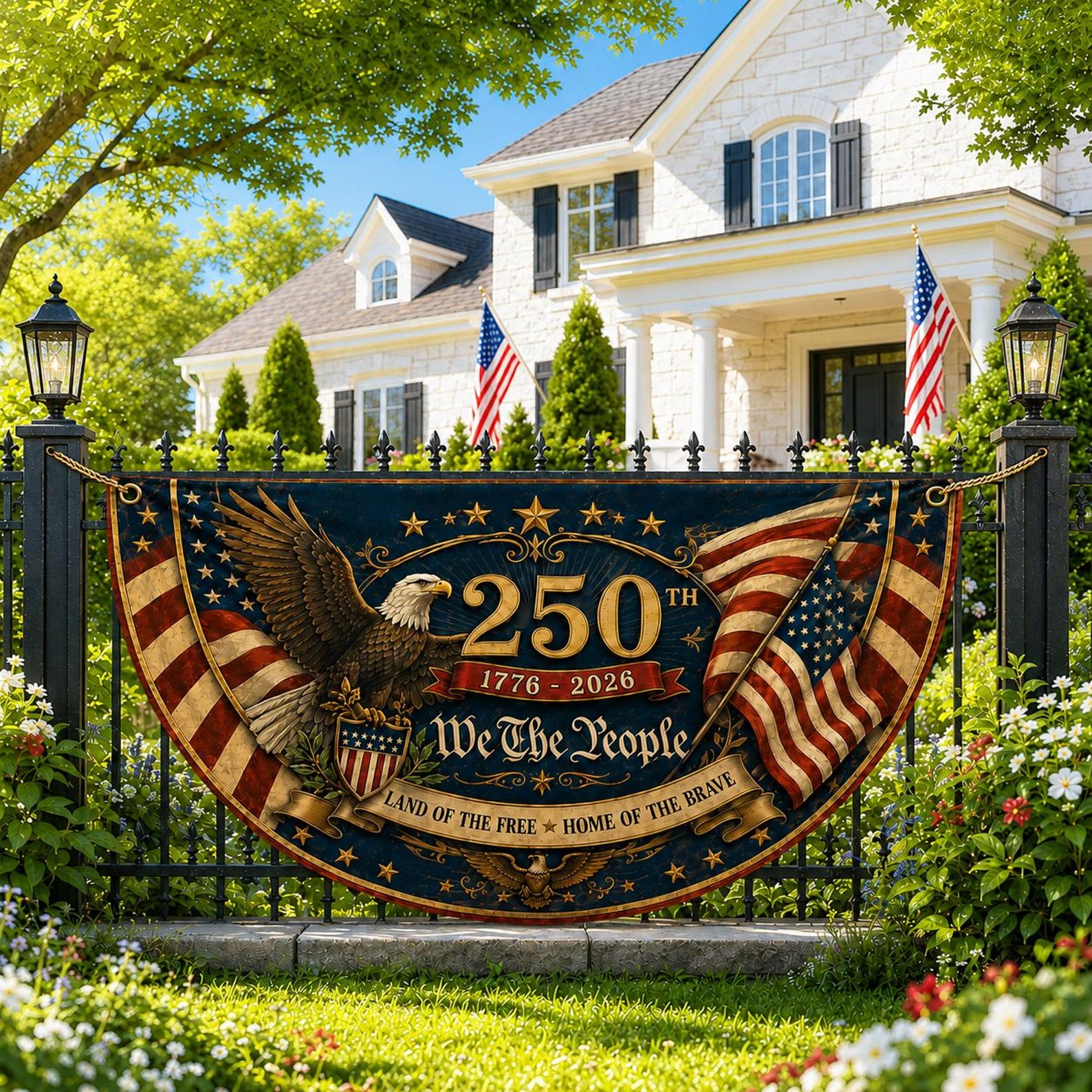 Patriotic eagle semicircle fence flag featuring vintage American flags and USA 250th Anniversary 1776-2026 outdoor Americana décor