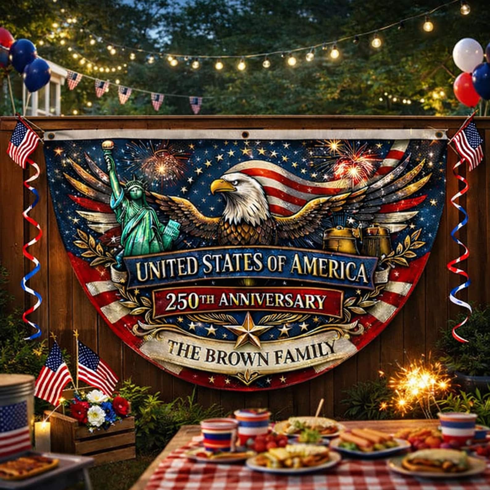 Personalized USA 250th anniversary patriotic semicircle family banner with eagle and Statue of Liberty
