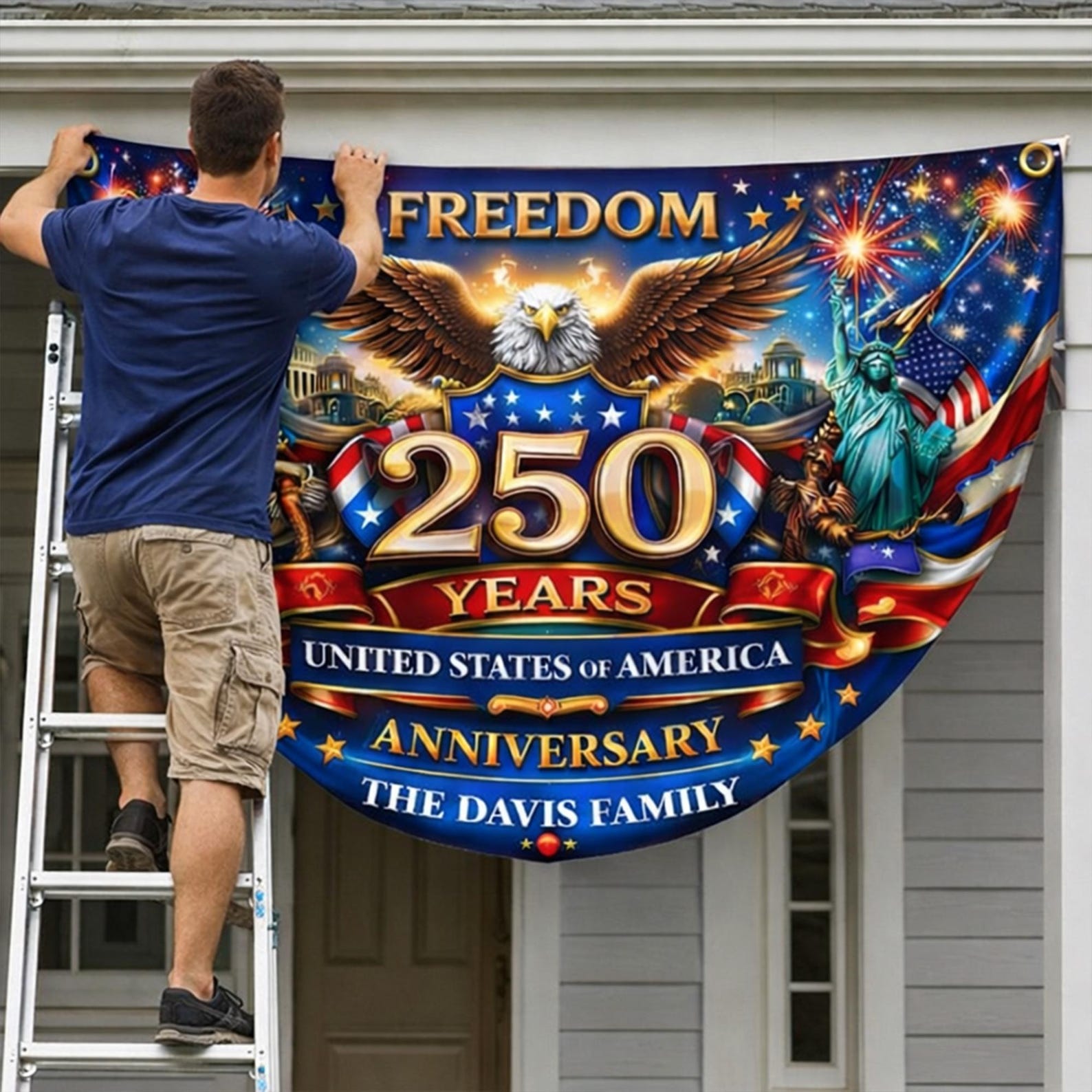 Personalized America 250 years patriotic semicircle fence banner with eagle and fireworks