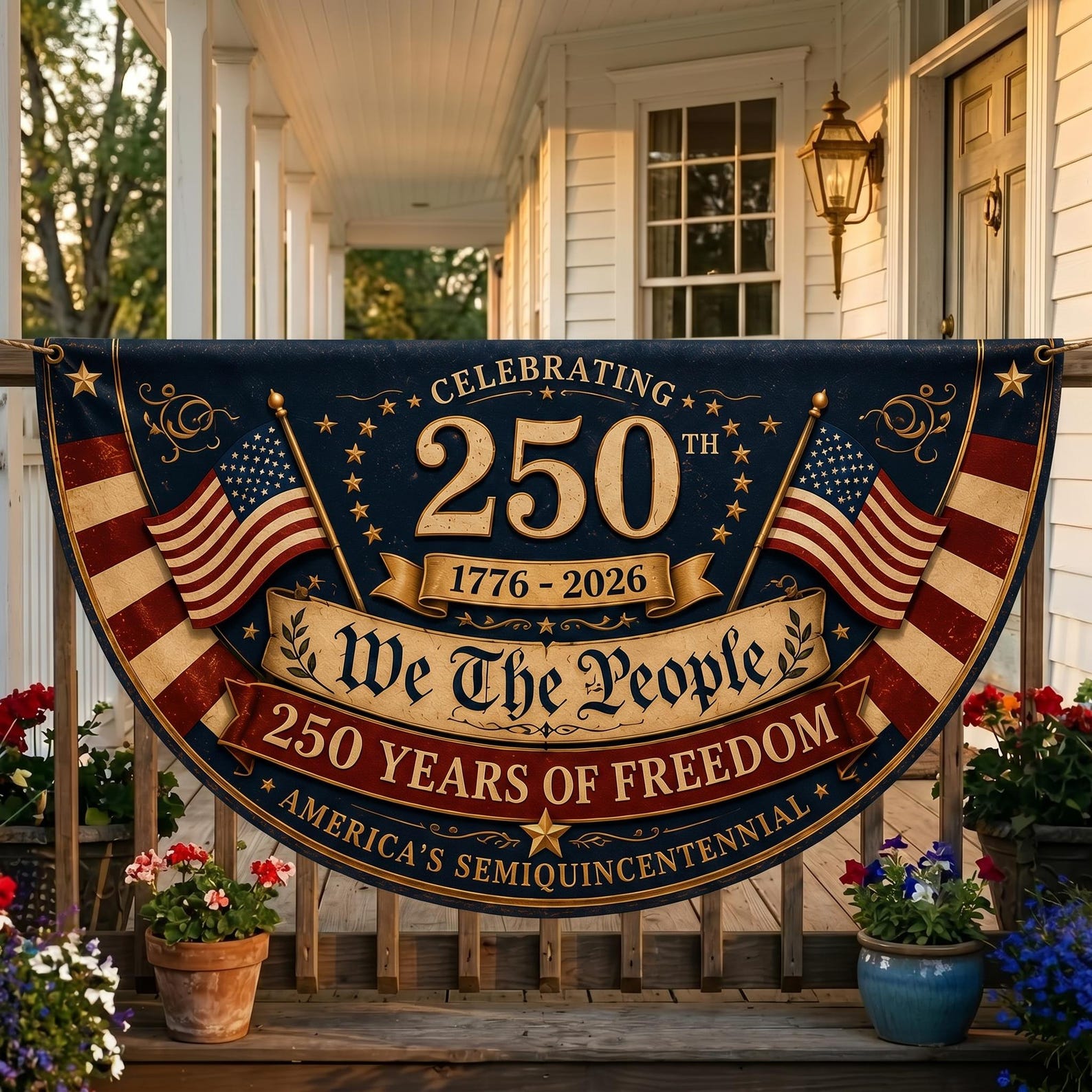 Personalized We The People semicircle fence flag with patriotic American flags and USA 250th anniversary outdoor décor