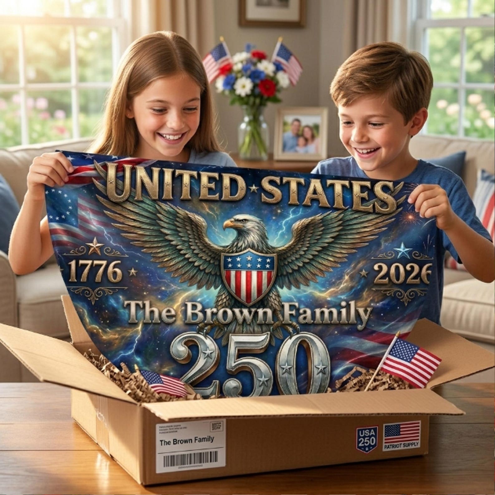 Personalized USA 250th anniversary patriotic semicircle banner with eagle lightning artwork and family name