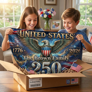 Personalized USA 250th anniversary patriotic semicircle banner with eagle lightning artwork and family name