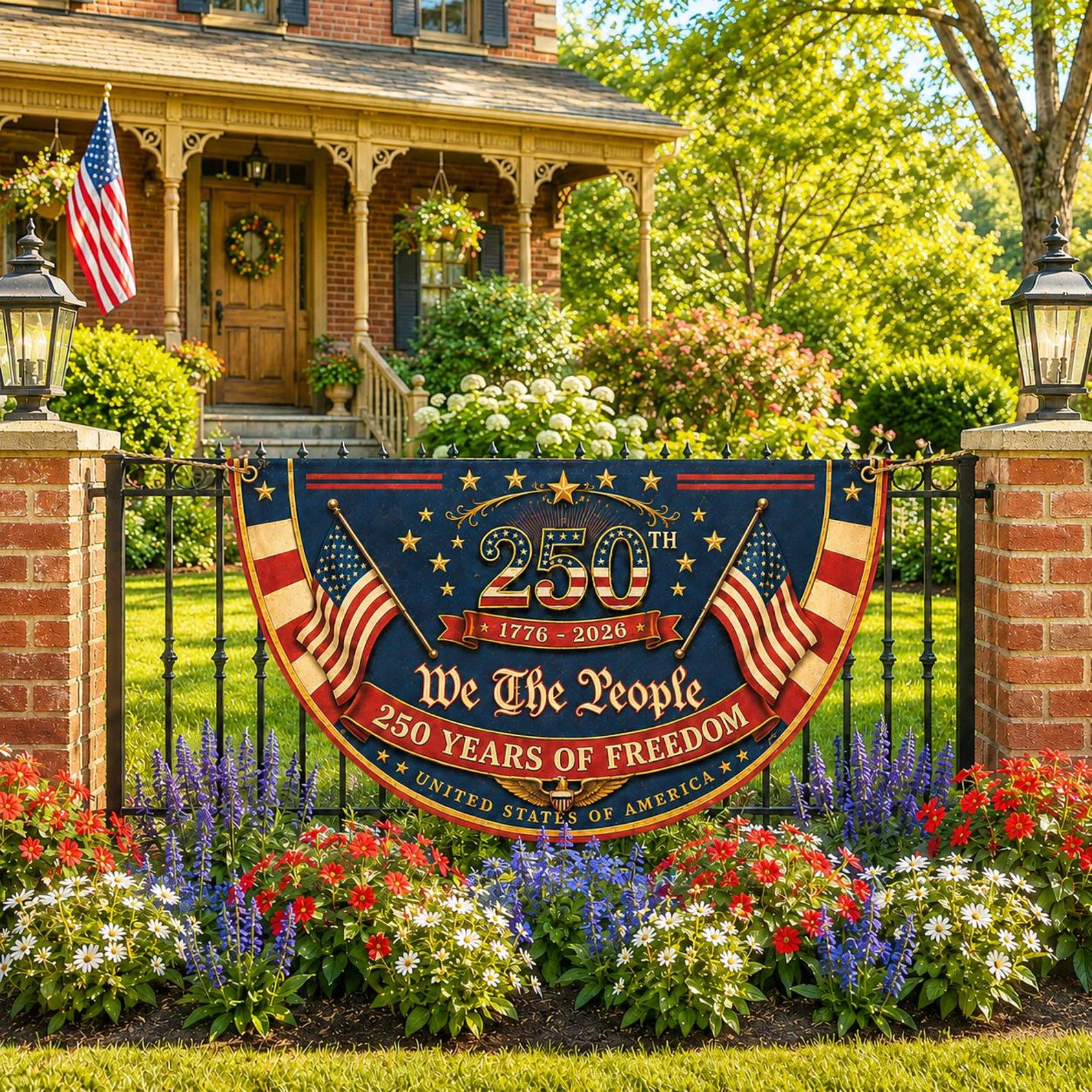 Patriotic 250th anniversary semicircle fence flag outdoor Americana decor