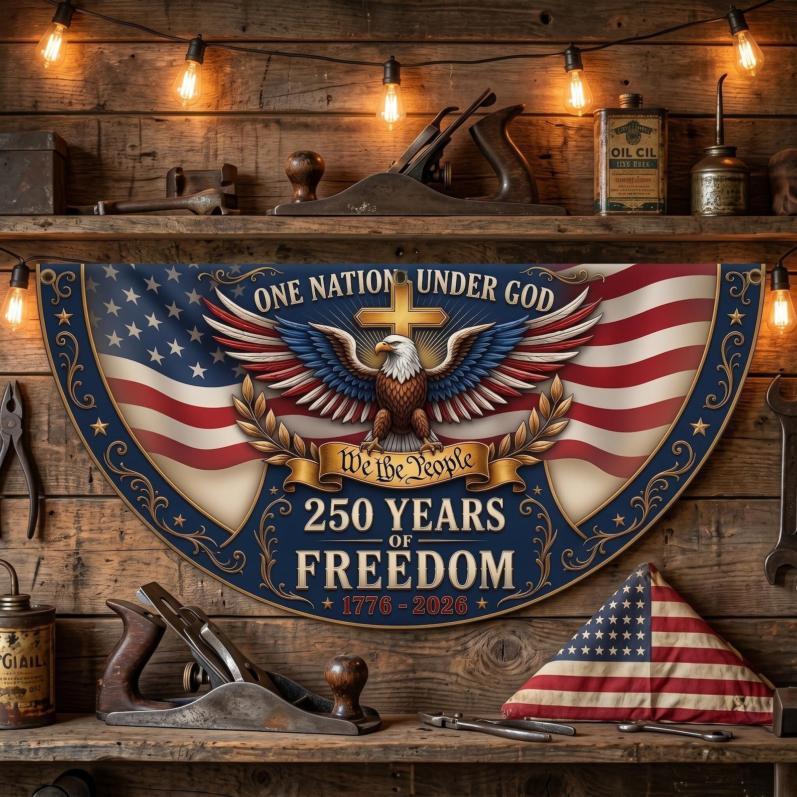 One Nation Under God patriotic semicircle fence banner with eagle artwork