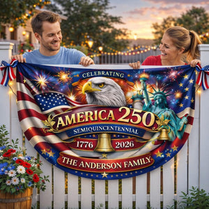 Personalized America 250 patriotic semicircle fence banner with fireworks and eagle