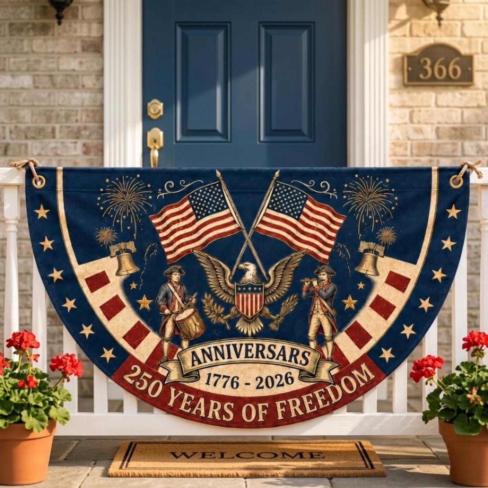Patriotic semicircle fence flag featuring American eagle, Revolutionary War musicians, USA flags, and 250 years of freedom Americana outdoor décor