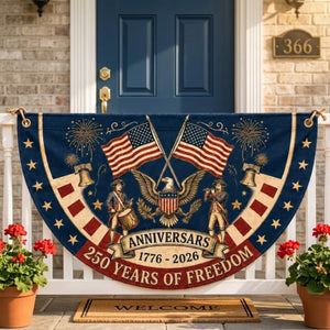 Patriotic semicircle fence flag featuring American eagle, Revolutionary War musicians, USA flags, and 250 years of freedom Americana outdoor décor