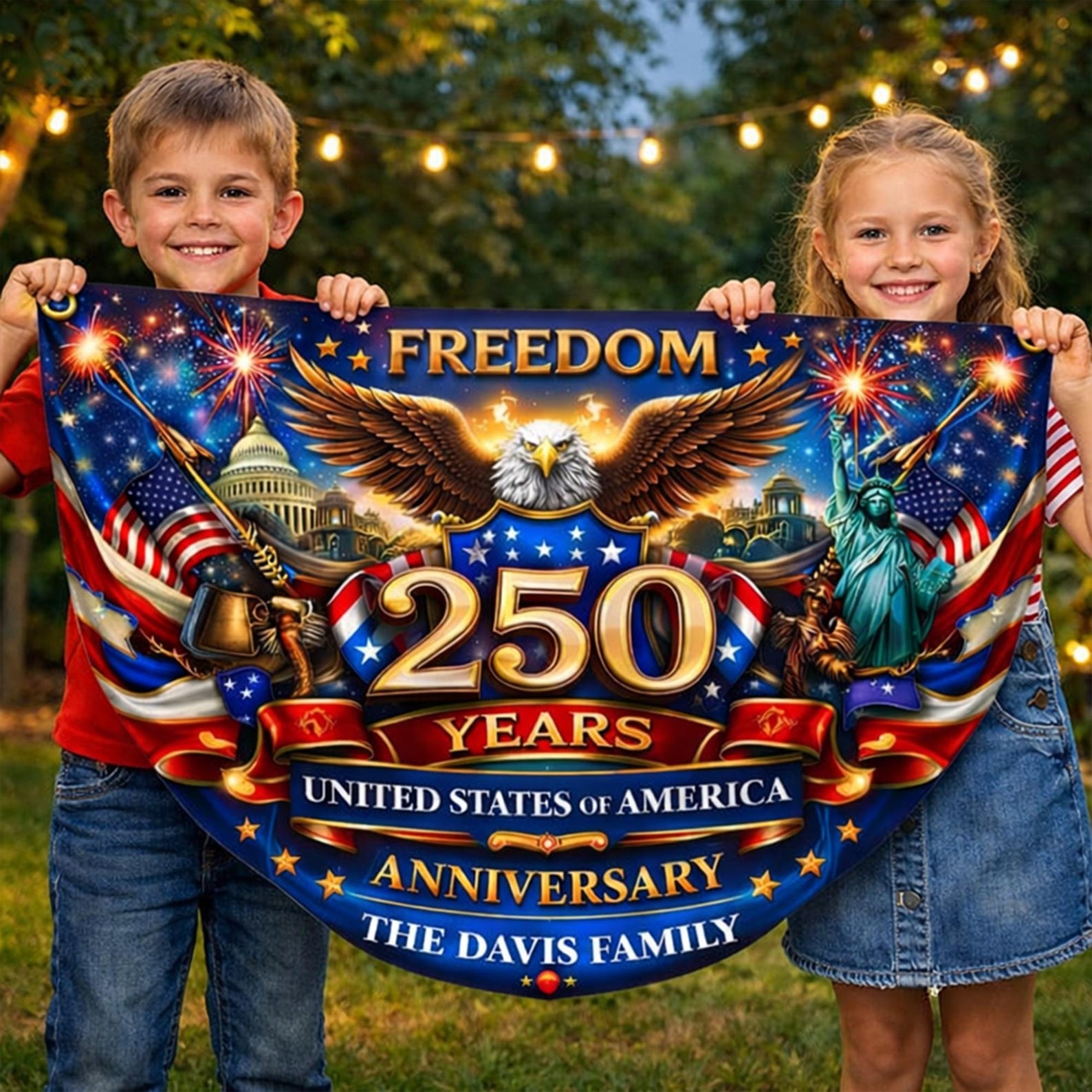 Personalized America 250 years patriotic semicircle fence banner with eagle and fireworks