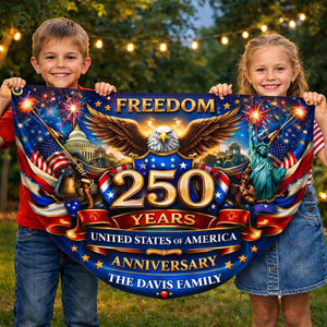 Personalized America 250 years patriotic semicircle fence banner with eagle and fireworks