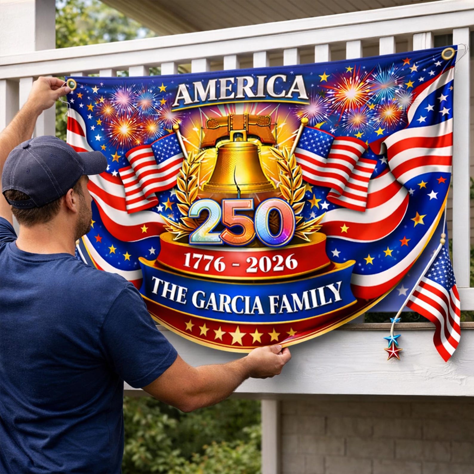 Personalized America 250 years patriotic semicircle fence banner with fireworks and Liberty Bell