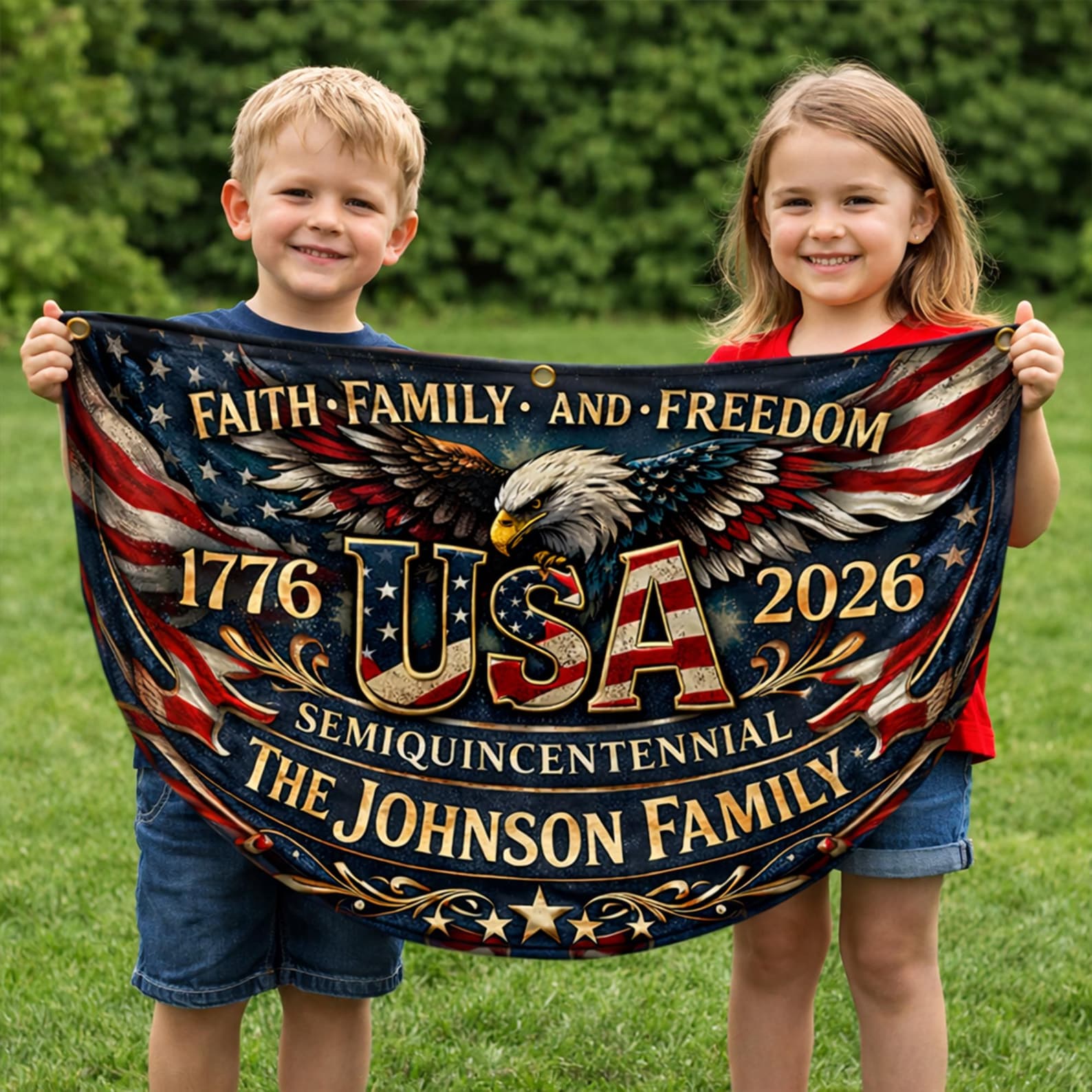Personalized USA semiquincentennial patriotic semicircle banner with eagle and family name