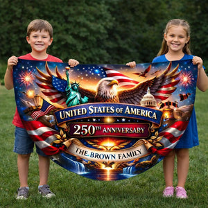 Personalized USA 250th anniversary patriotic semicircle banner with eagle fireworks and family name
