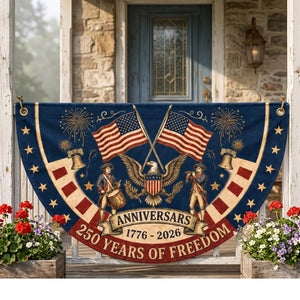 Patriotic semicircle fence flag featuring American eagle, Revolutionary War musicians, USA flags, and 250 years of freedom Americana outdoor décor