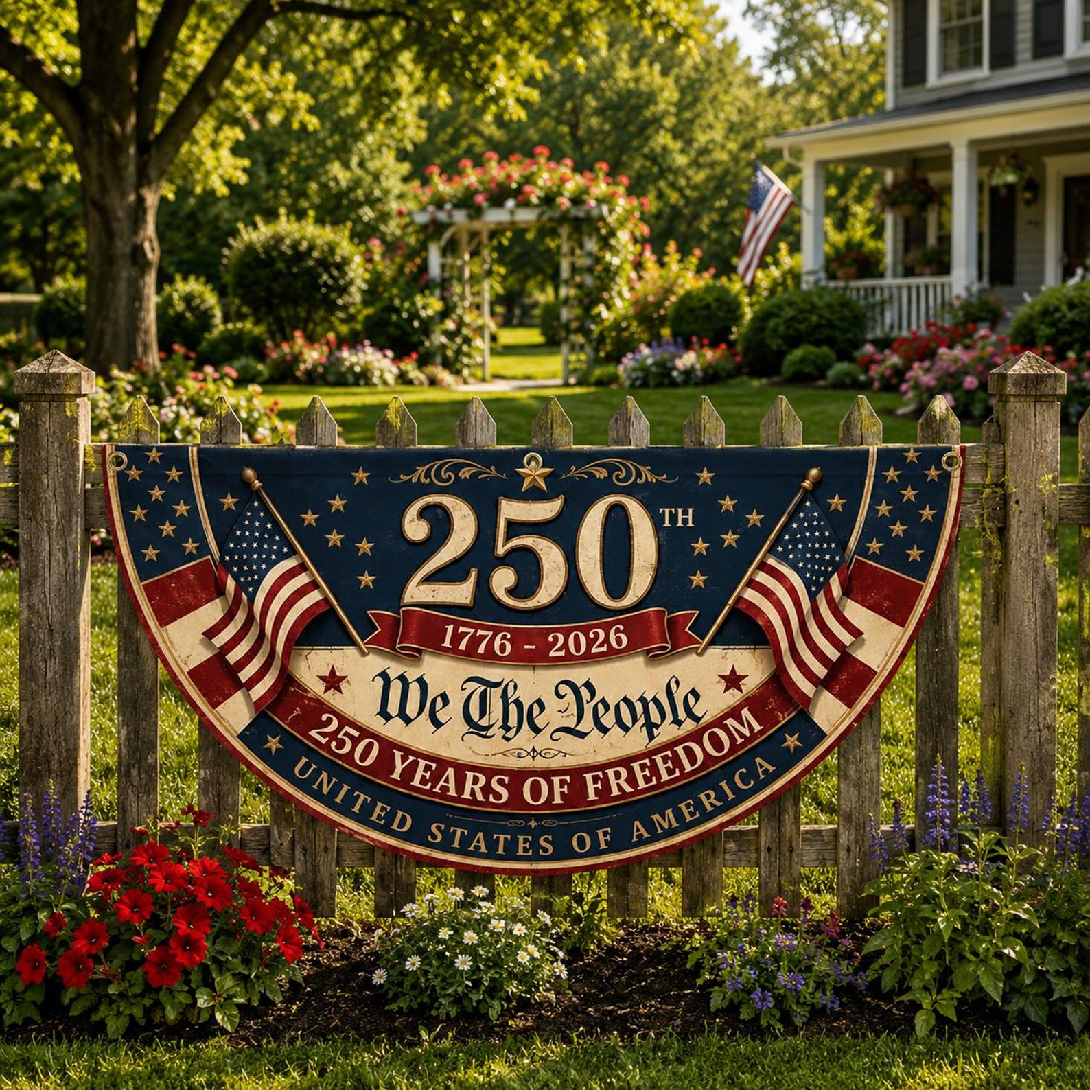 Patriotic 250 years of freedom semicircle fence flag outdoor Americana decor
