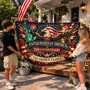 Personalized USA 250th anniversary patriotic semicircle family banner with eagle and Statue of Liberty
