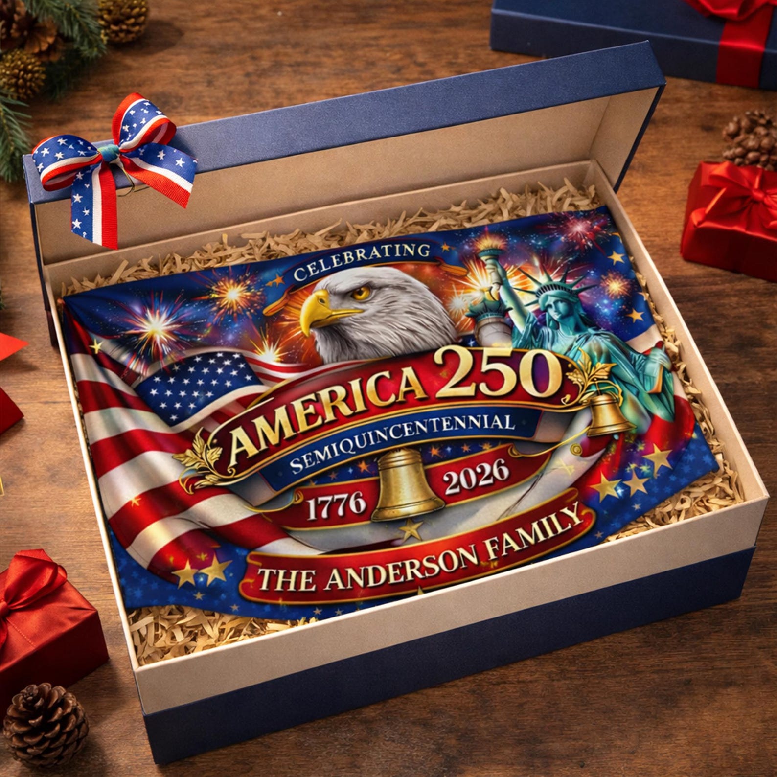 Personalized America 250 patriotic semicircle fence banner with fireworks and eagle