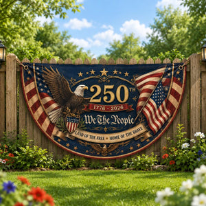 Patriotic eagle semicircle fence flag featuring vintage American flags and USA 250th Anniversary 1776-2026 outdoor Americana décor