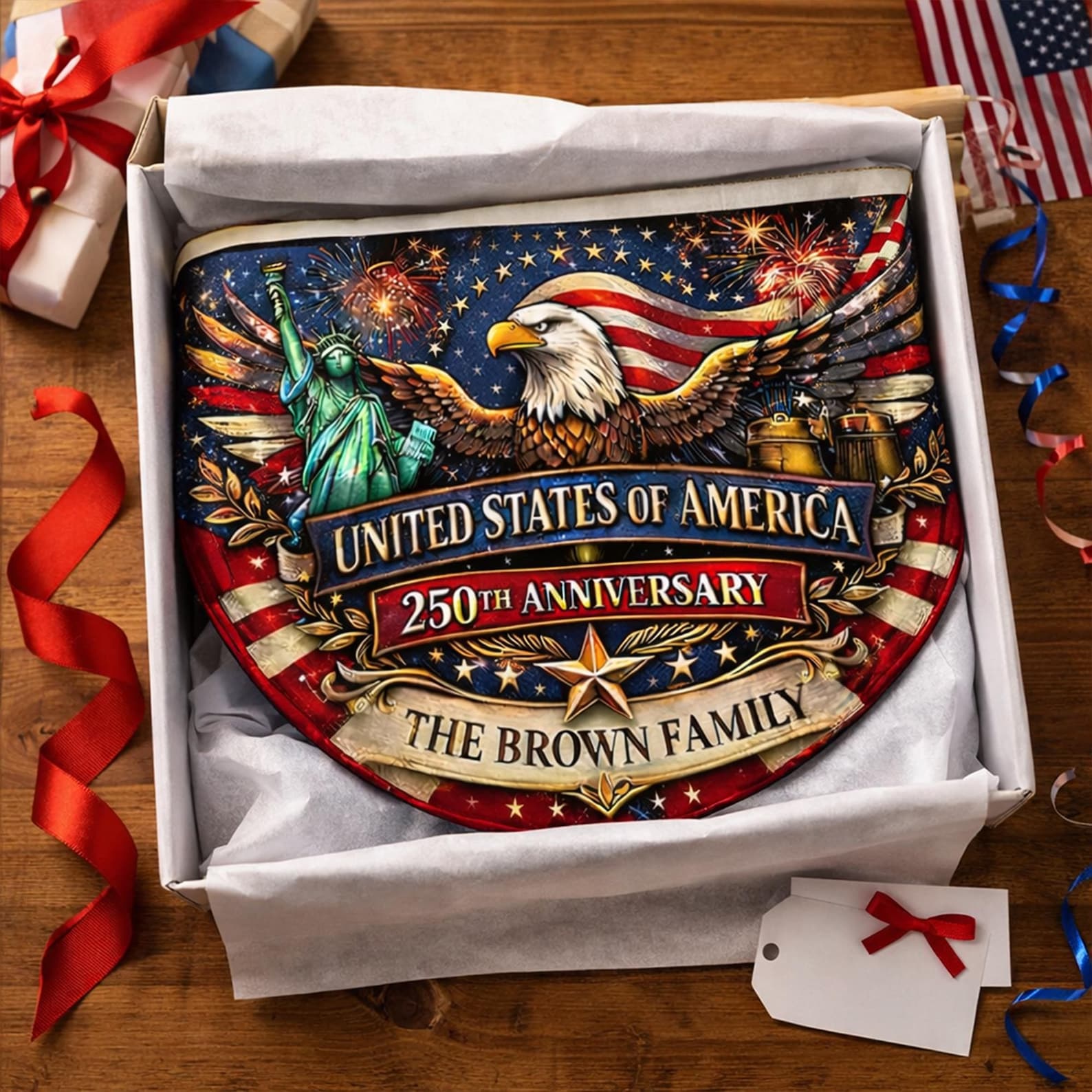 Personalized USA 250th anniversary patriotic semicircle family banner with eagle and Statue of Liberty