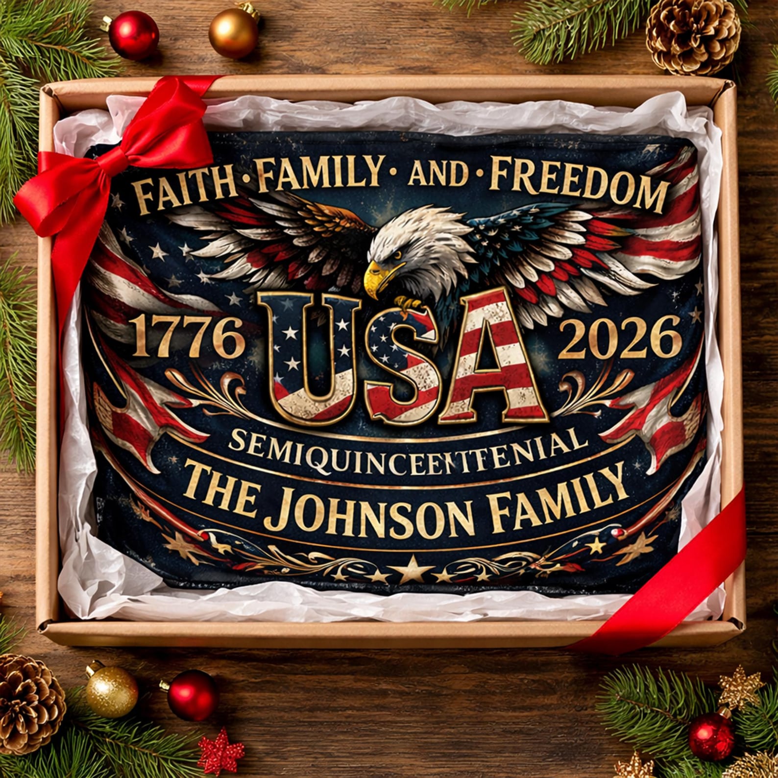Personalized USA semiquincentennial patriotic semicircle banner with eagle and family name