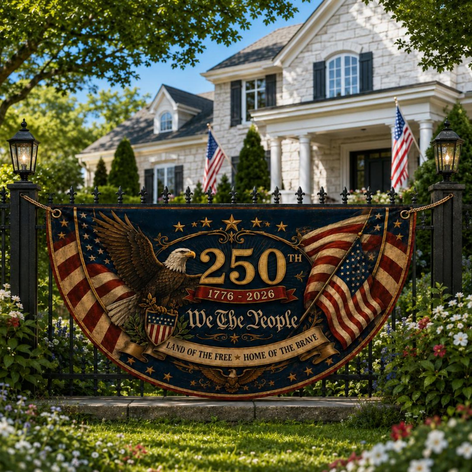 Patriotic eagle semicircle fence flag featuring vintage American flags and USA 250th Anniversary 1776-2026 outdoor Americana décor