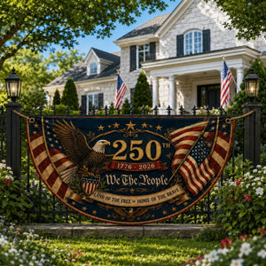 Patriotic eagle semicircle fence flag featuring vintage American flags and USA 250th Anniversary 1776-2026 outdoor Americana décor