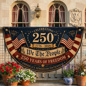 Personalized We The People semicircle fence flag with patriotic American flags and USA 250th anniversary outdoor décor