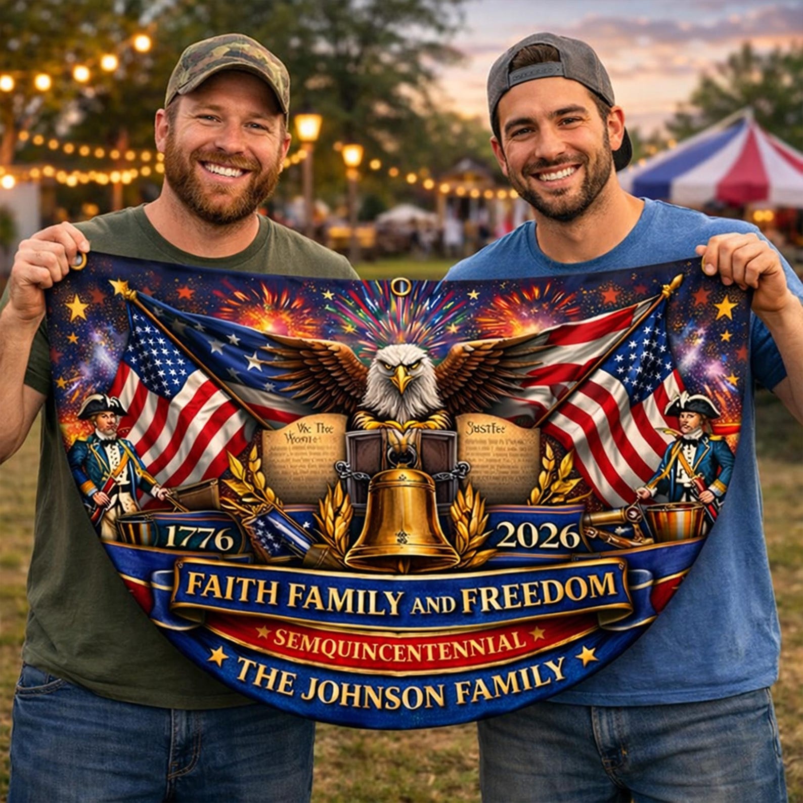 Personalized faith family freedom patriotic semicircle fence banner with eagle and Liberty Bell