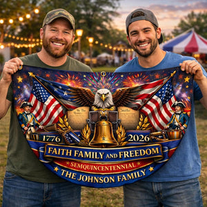 Personalized faith family freedom patriotic semicircle fence banner with eagle and Liberty Bell